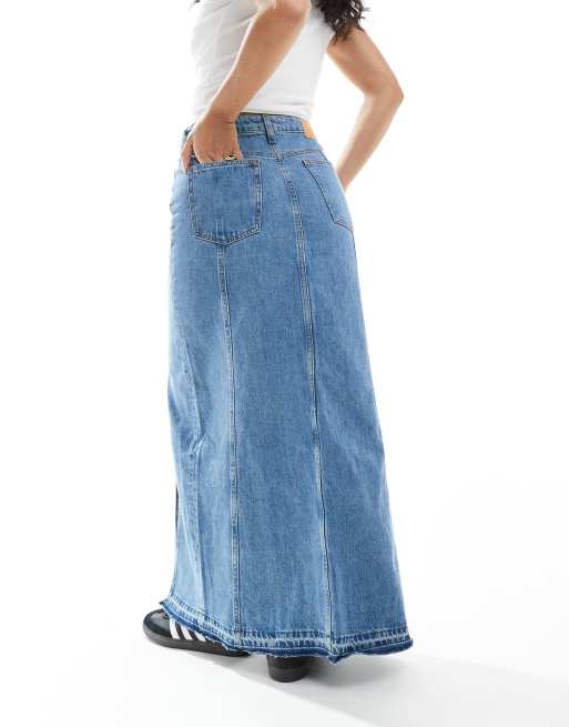 Monki western style denim maxi skirt in vintage blue wash | ASOS