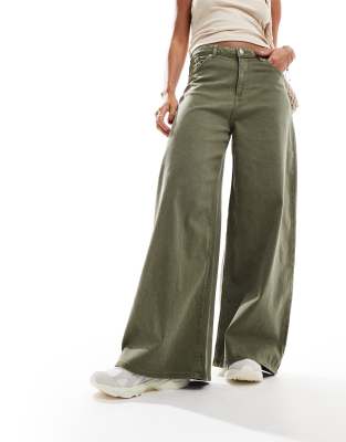 Monki Wide Leg Baggy Denim Pants In Washed Olive-green