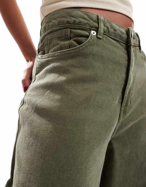 Monki wide leg baggy denim pants in washed olive | ASOS