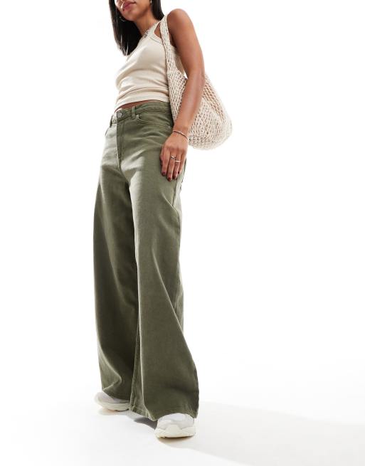 Monki wide leg baggy denim pants in washed olive | ASOS