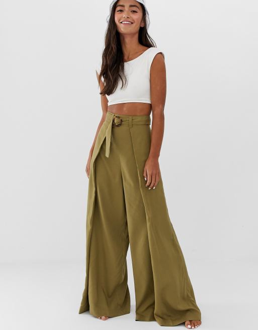 Monki wide leg beach trousers in khaki | ASOS