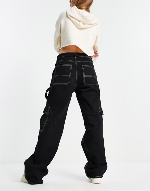 Monki wide leg cargo jeans in black