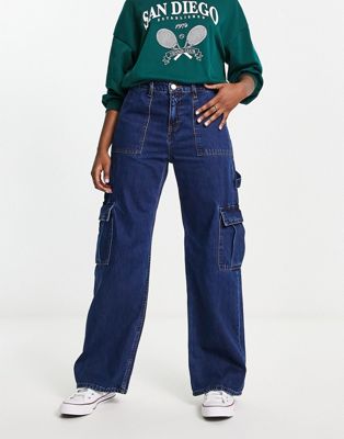 Monki wide leg cargo jeans in blue - ASOS Price Checker