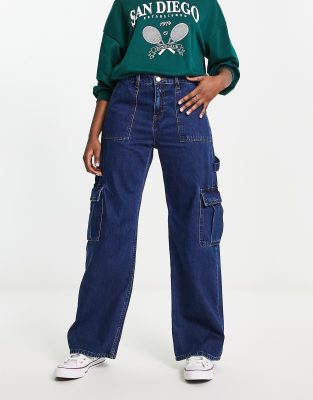 Monki Wide Leg Cargo Jeans In Blue