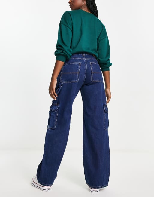 Monki wide leg cargo jeans in blue