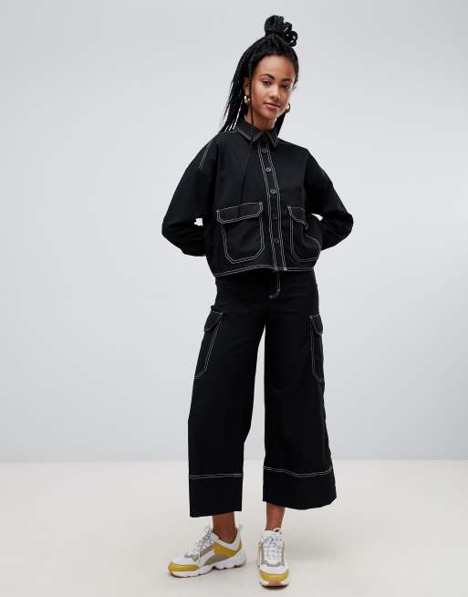 Monki wide leg cargo jeans in black