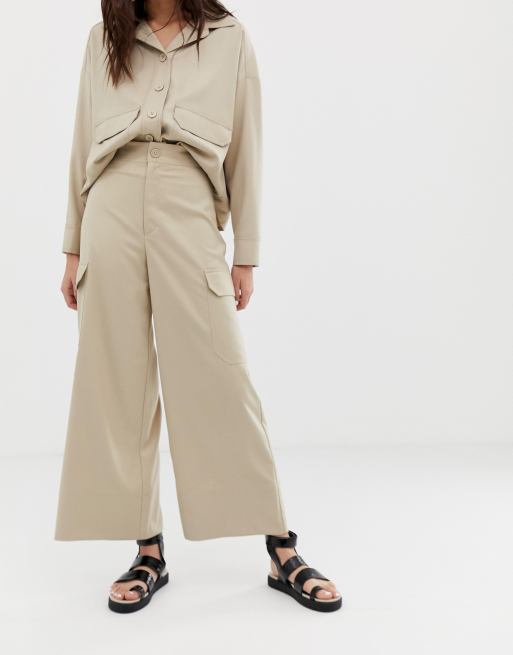 Monki wide leg cargo trousers with pockets in beige