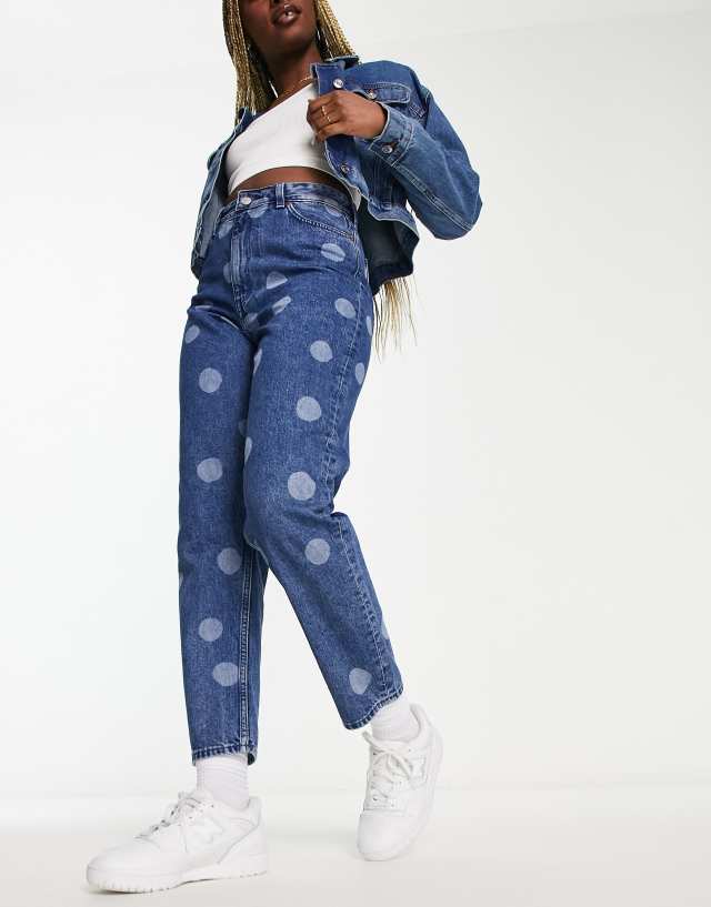 Monki wide leg cropped jeans in blue dot print