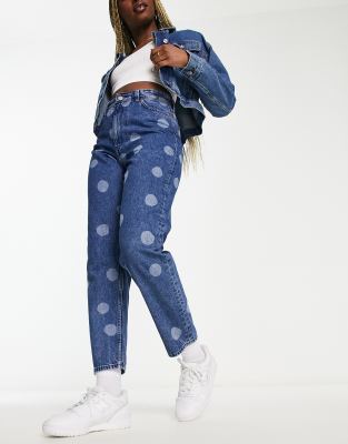 Monki wide leg cropped jeans in blue spot print