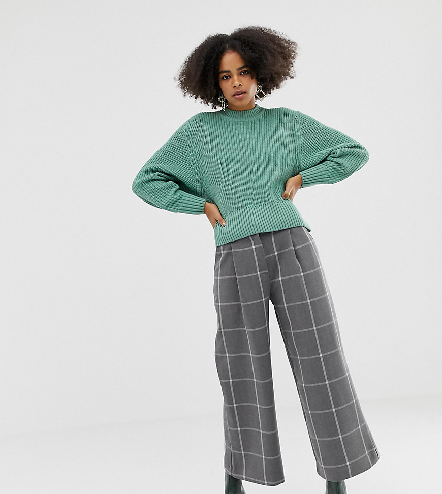Monki wide leg cropped trousers with check print in grey