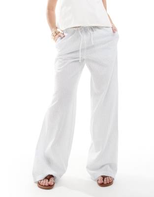 Monki Wide Leg Drawstring Seersucker Pants In Blue