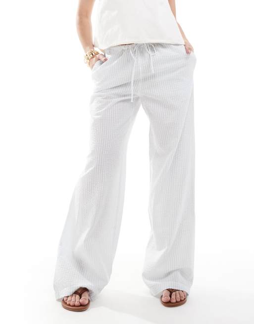 Monki wide leg drawstring seersucker pants in blue and white stripe