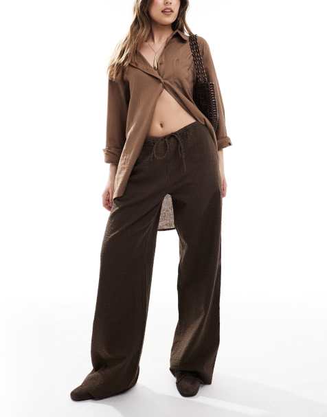 Monki wide leg drawstring seersucker pants in brown - view 1