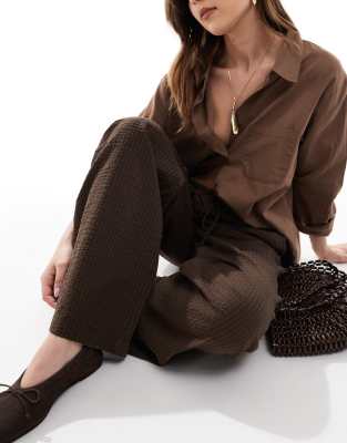 Shop Monki Wide Leg Drawstring Seersucker Pants In Brown