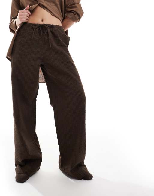 Monki wide leg drawstring seersucker pants in brown