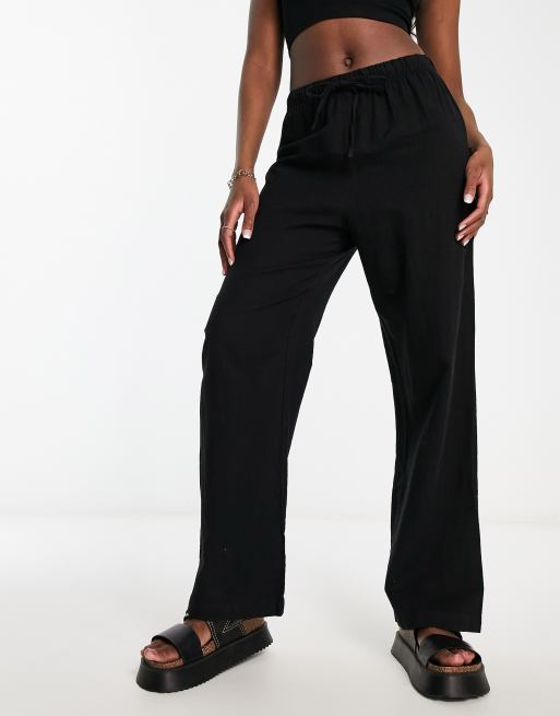 Monki wide leg linen pants in black