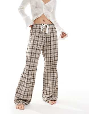 Monki Wide Leg Pajama Pants In Beige Check-neutral