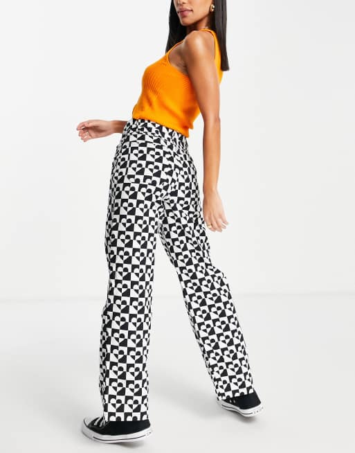 Monki wide leg pants in black and white heart print