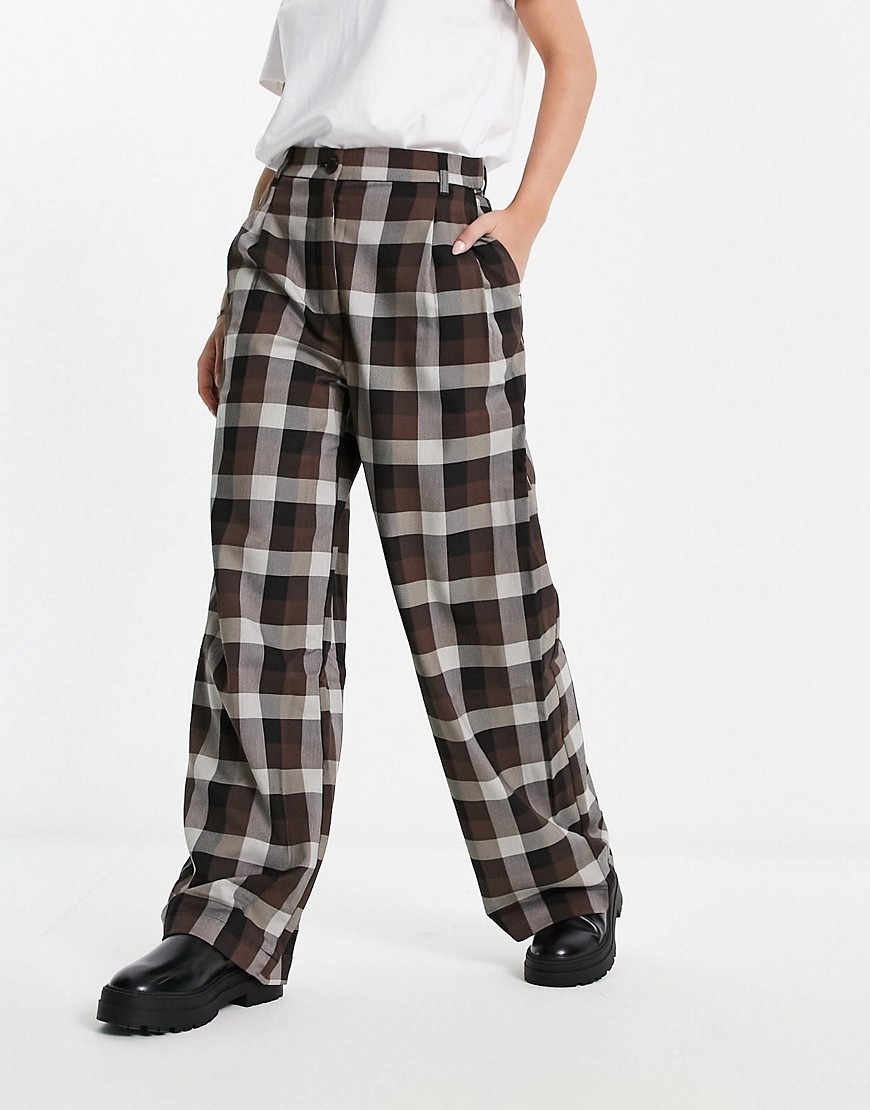 Monki Wide Leg Pants In Brown Check - Part Of A Set