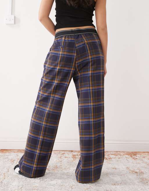 Monki wide leg pants with boxer waistband in blue check , 2 of 5