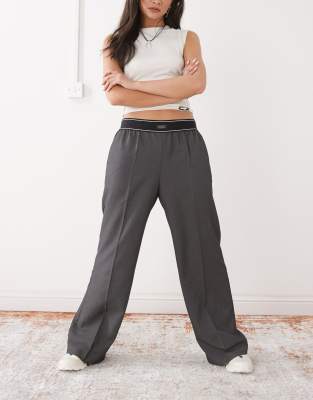 Shop Monki Wide Leg Pants With Boxer Waistband In Gray