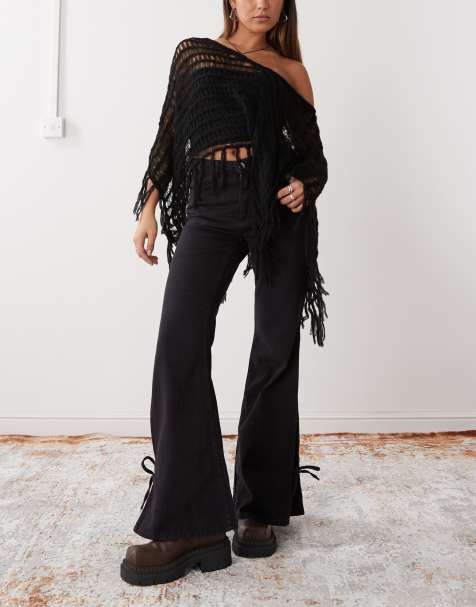 Monki wide leg pants with tie bow detail in washed black - view 1