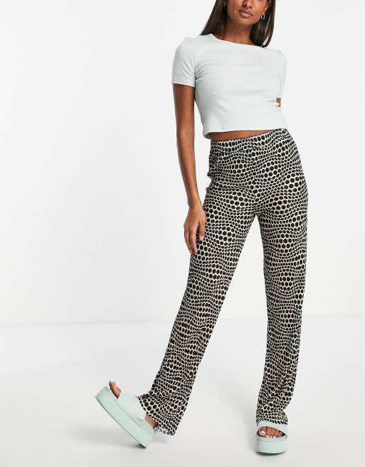 Monki wide leg plisse pants in black and white spot 
