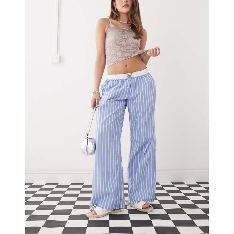 Monki wide leg pull on pants with foldable waistband in blue and