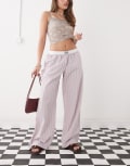 [Monki] Monki wide leg pull on pants with foldable waistband in light pink stripe L Light Pink