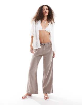 wide leg pull-on textured pants in brown