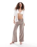 [Monki] Monki wide leg pull on textured pants in brown XXL Brown
