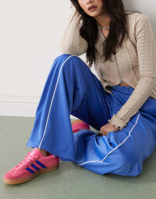 Monki Wide Leg Pull On Track Pants With Front Stripe In Blue