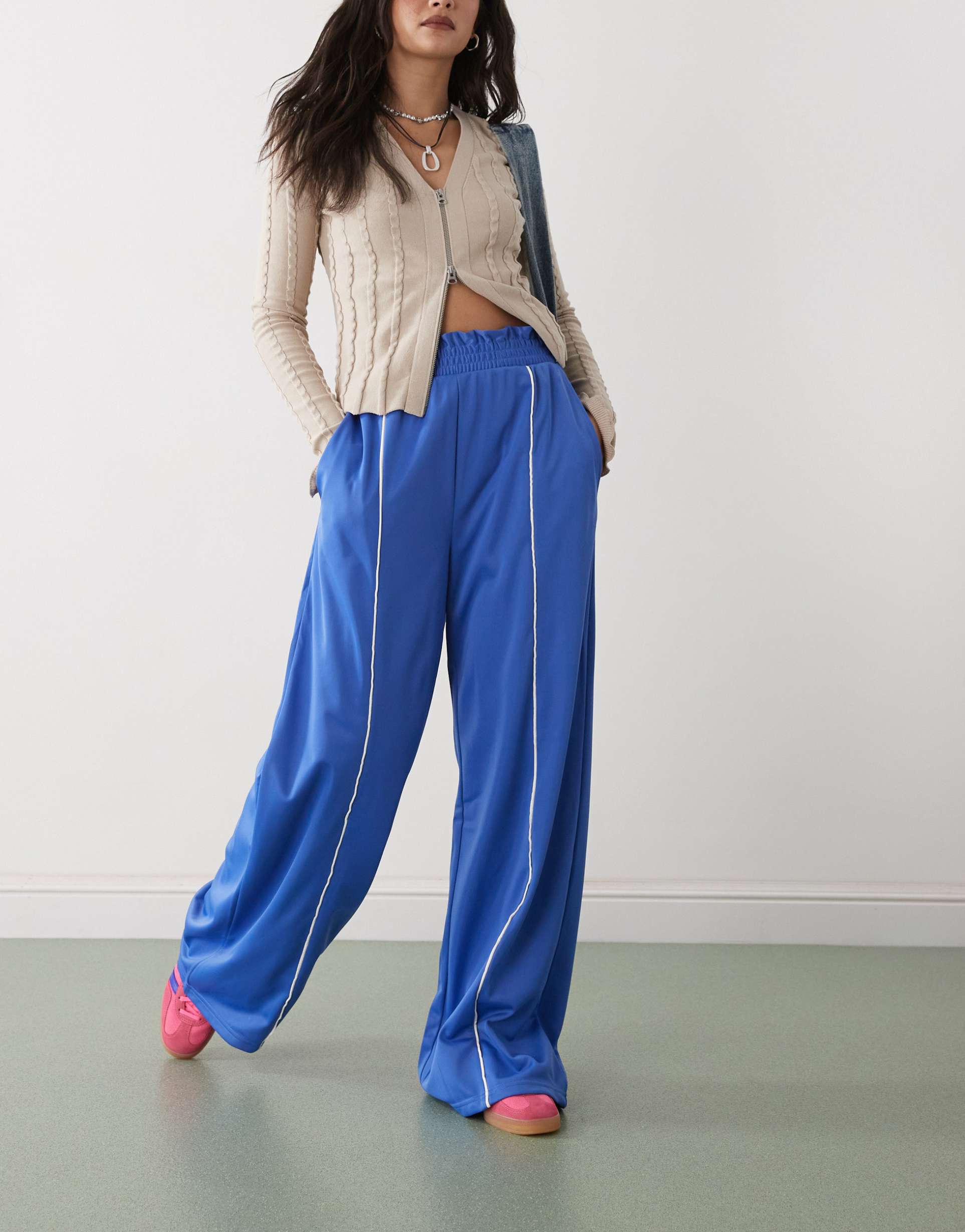 monki wide leg pull on track pants with white piping in blue