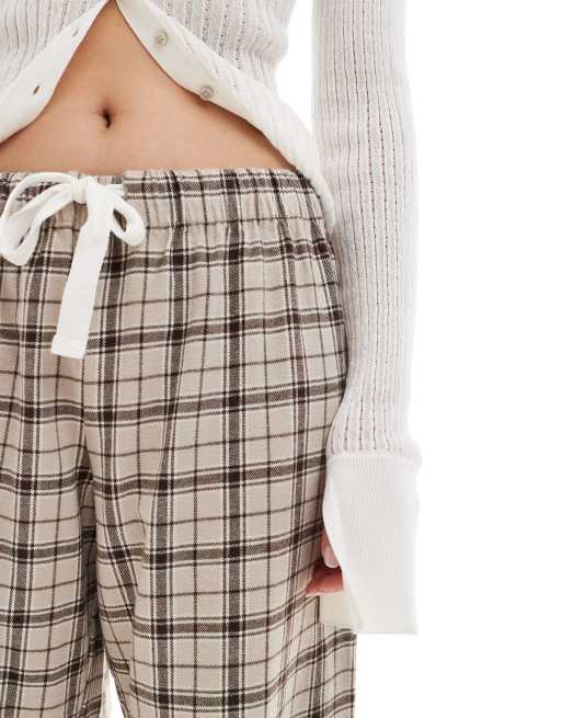 Monki wide leg pyjama pants in beige check, 2 of 4
