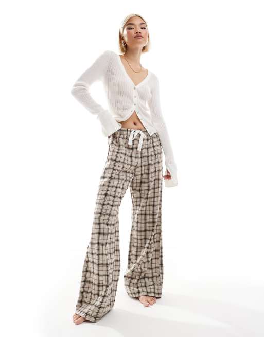 Monki wide leg pyjama pants in beige check, 3 of 4