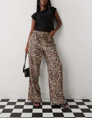 Monki Monki wide leg satin trousers in leopard print-Brown