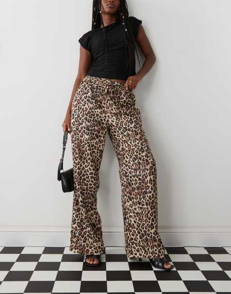 Monki wide leg satin trousers in leopard print