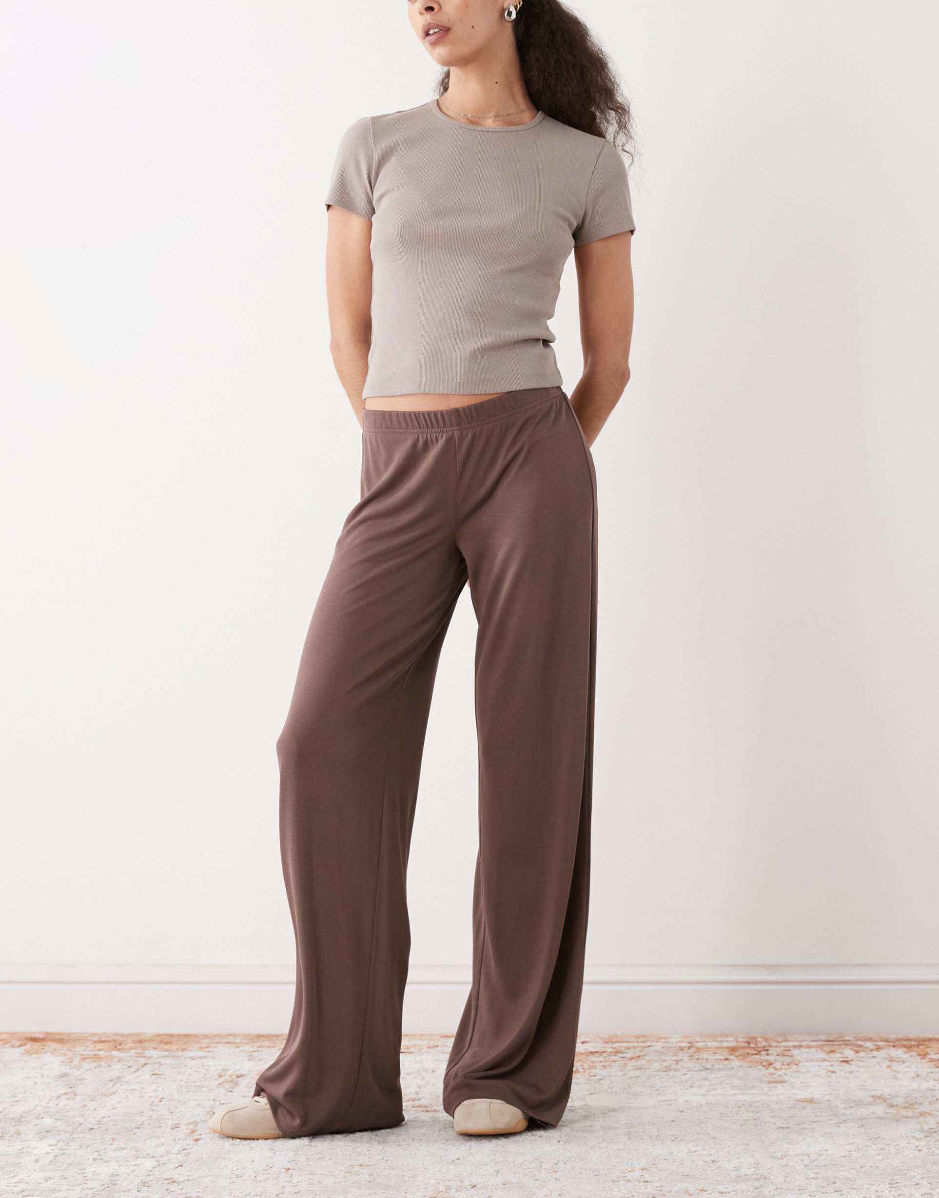 monki wide leg soft touch pants in mole brown