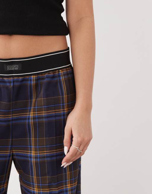 Monki wide leg trouser with boxer waistband in blue check , 4 of 5
