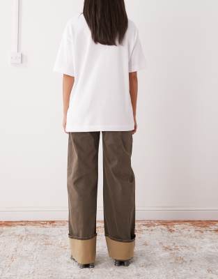 Monki Wide Leg Twill Pants With Contrast Cuffs In Brown