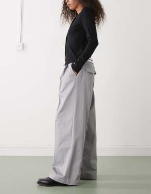 Monki Wide Leg Twill Pants With Fold Over Waist In Gray