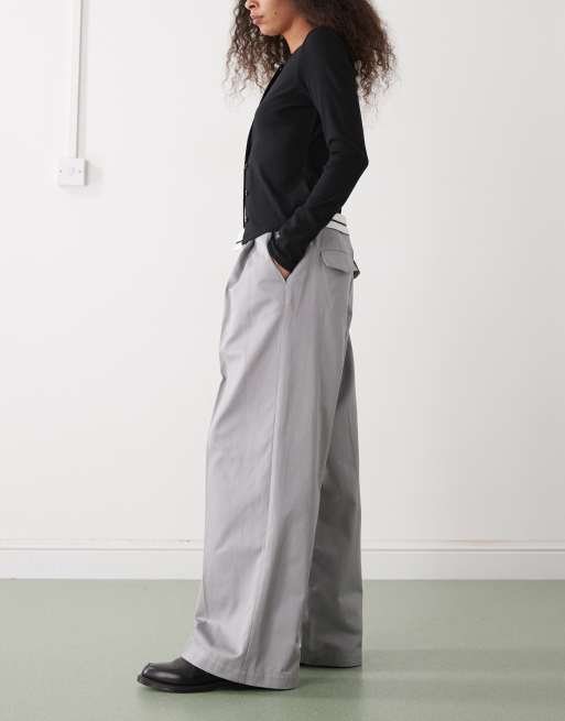 Monki wide leg twill pants with fold over waist in dark gray