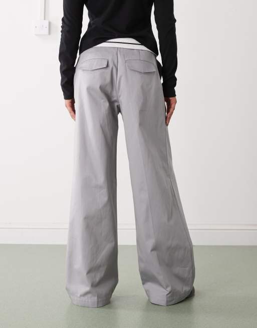 Monki wide leg twill pants with fold over waist in dark gray