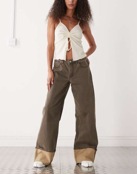 Monki wide leg twill trousers with contrast turn up in brown - view 1