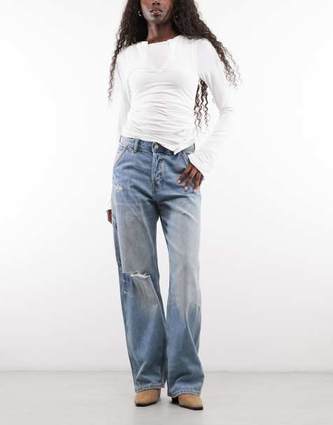 Monki wide leg workwear jeans in faded blue wash - view 1