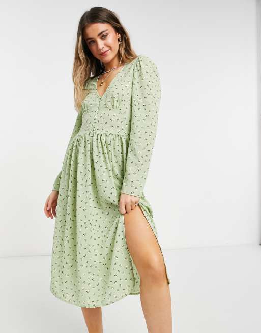 Green Long Sleeve Midi Shirt Dress, Miss Floral