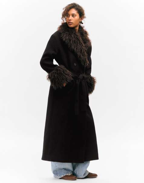 Monki wool blend belted maxi coat with fur collar and cuffs detail in black and brown - view 1