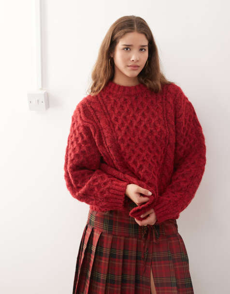 Monki wool blend chunky oversized cable knit sweater in red - view 1