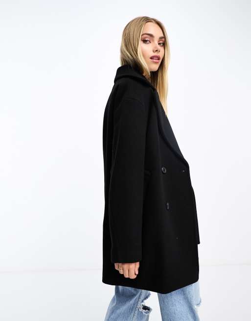 Monki wool blend double breasted longline jacket in black