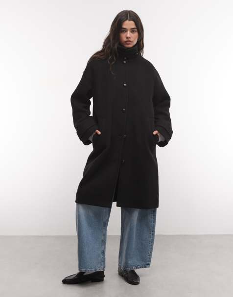 Monki wool blend funnel neck coat in black - view 1